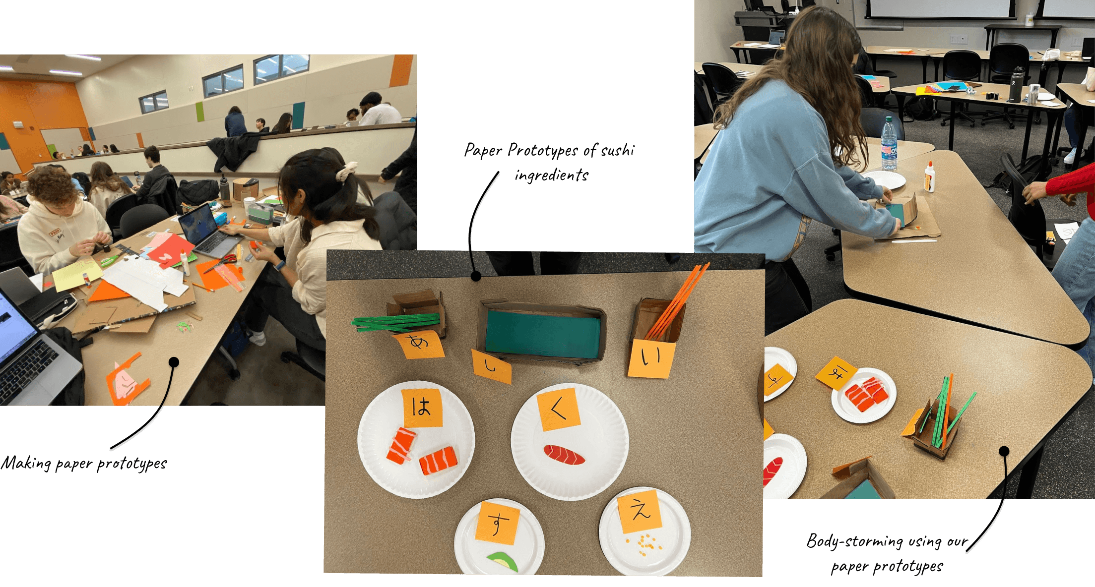 Various images showing different paper props replicating sushi ingredients.