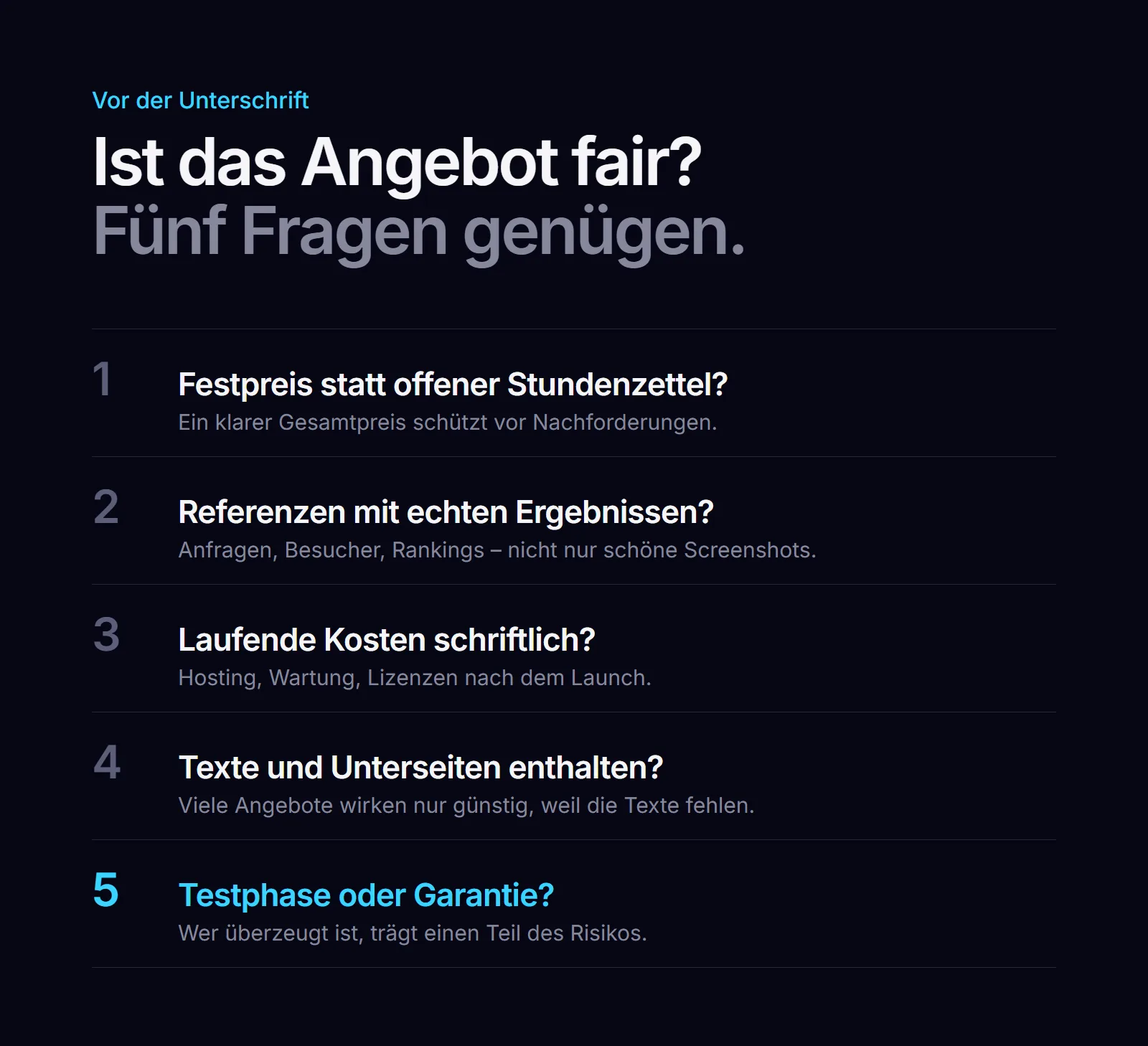 Fünf Prüffragen für ein faires Website-Angebot, von Festpreis bis Testphase oder Garantie