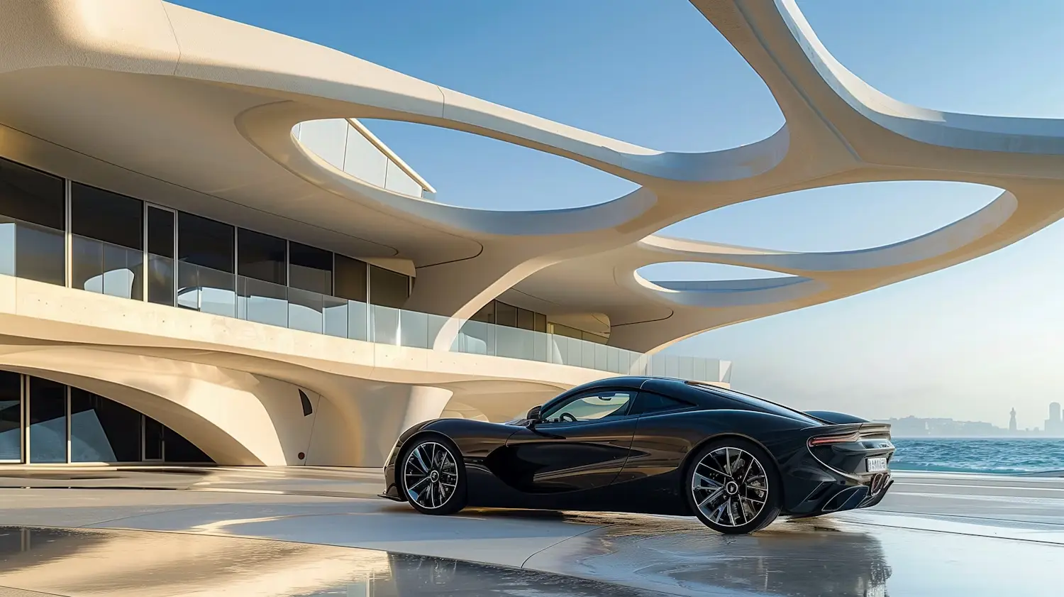 Black sports car in front of a modern, futuristic curved building.