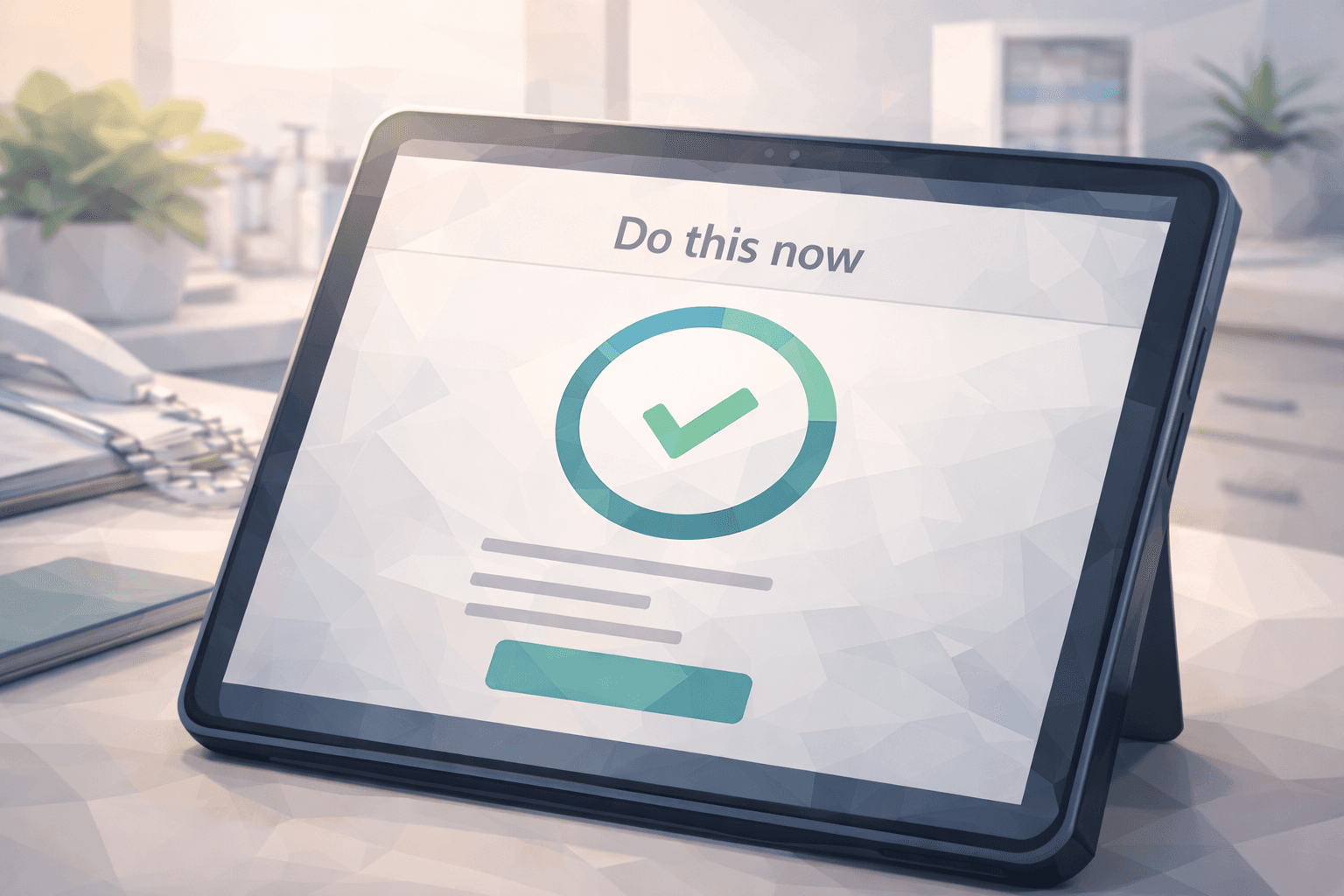 Low-poly illustration of a tablet on a clinic desk showing a ‘Do this now’ nano-lesson card with a progress ring and checkmark.