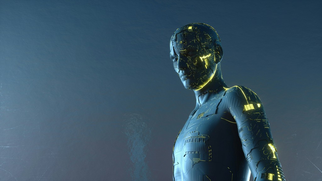 A digital rendering of a humanoid robot with a sleek, blue body and illuminated yellow circuitry, set against a dark, gradient background, highlighting themes of advanced robotics and futuristic technology.