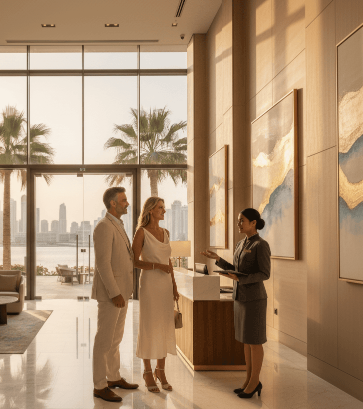 Europäische Gäste werden in einer luxuriösen Hotellobby in Dubai empfangen – Symbol für den mehrsprachigen, kultursensiblen Service von Life in Luxury.
