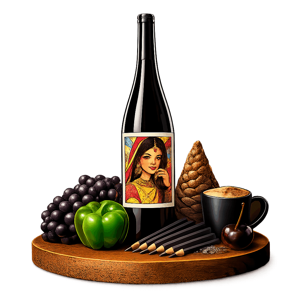 Artistic label and flavor profile for Nandi Hills Cabernet Sauvignon on a rustic wooden table.