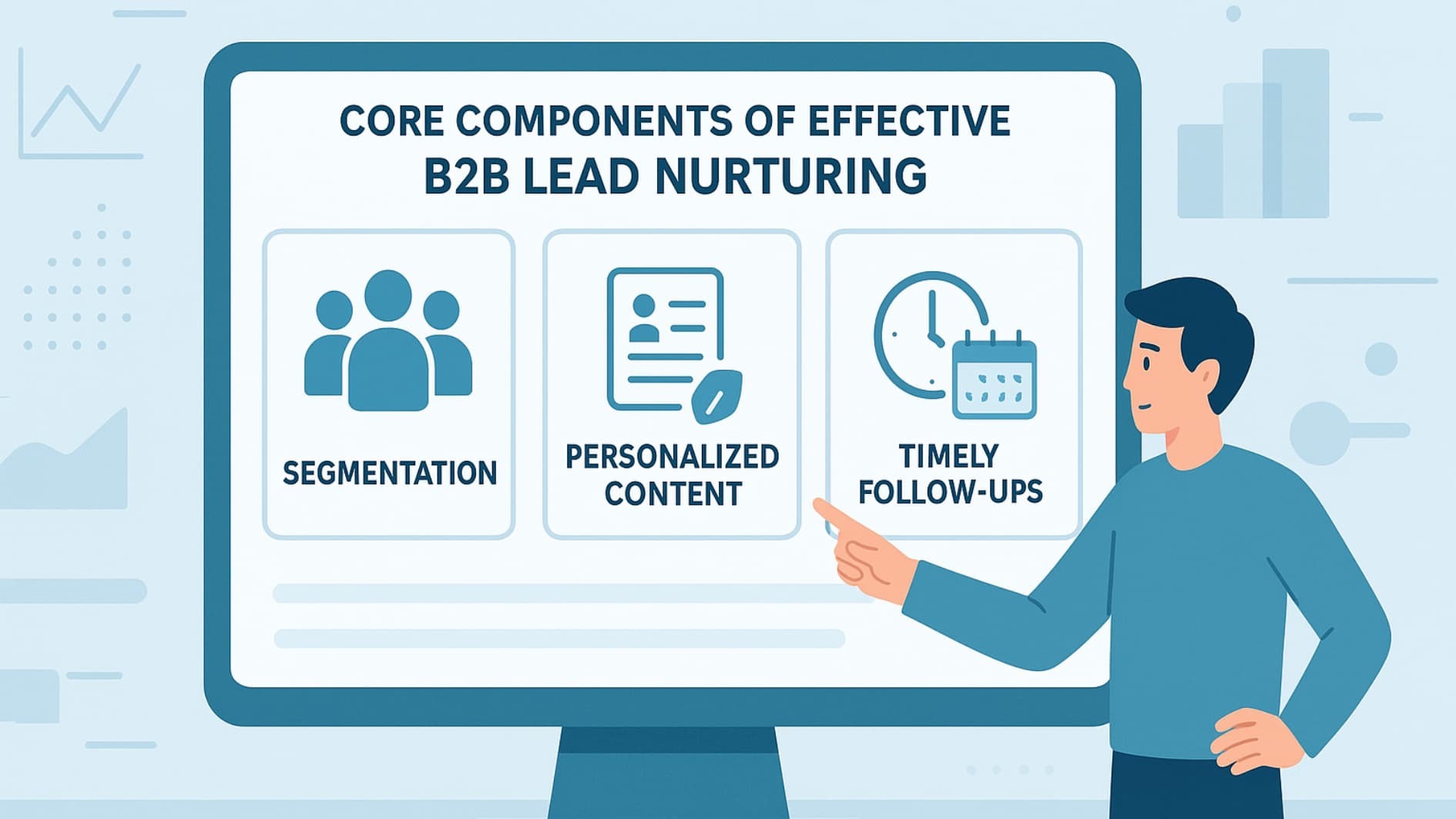Illustration highlighting the core components of effective high-quality B2B lead nurturing strategies: segmentation, personalized content, and timely follow-ups.