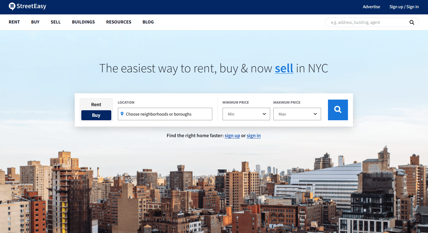 real estate landing page from Streeteasy