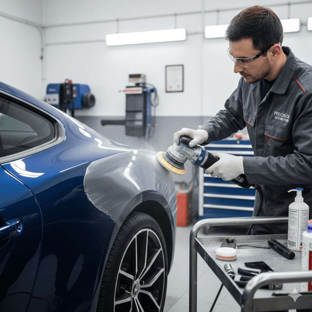 A close-up of a technician repairing a car scratch in a clean workshop. The car’s paint is being polished and restored with professional tools, highlighting precision, quality, and expert scratch repair services.