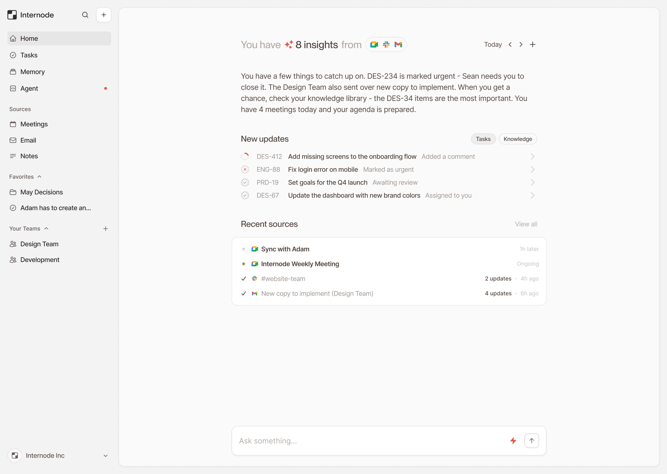 Internode dashboard showing a kanban-style task management board with multiple columns and task cards containing project details.