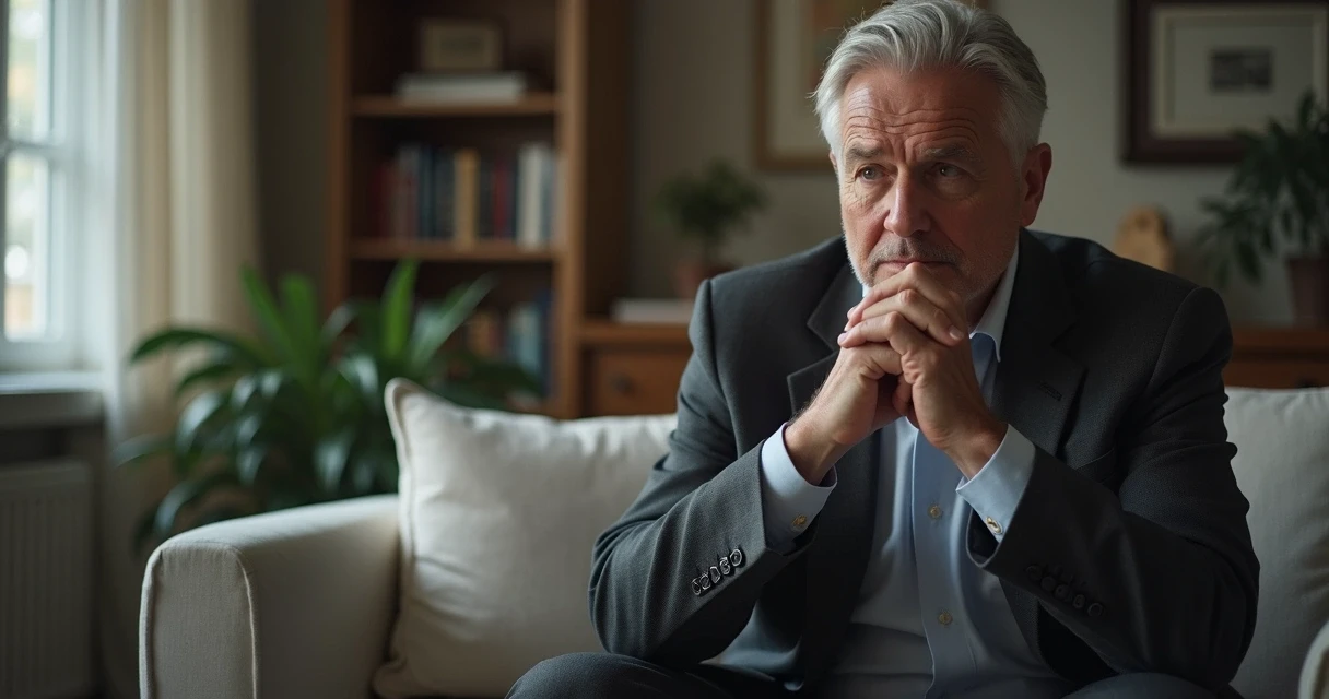 Homem maduro sentado em ambiente iluminado refletindo