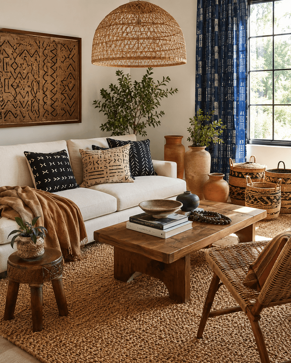 Afrohemian living room with a cream linen sofa, mudcloth pillows, jute rug, mango wood coffee table, terracotta pottery, woven baskets, and indigo curtains styled in a warm, collected bohemian design.