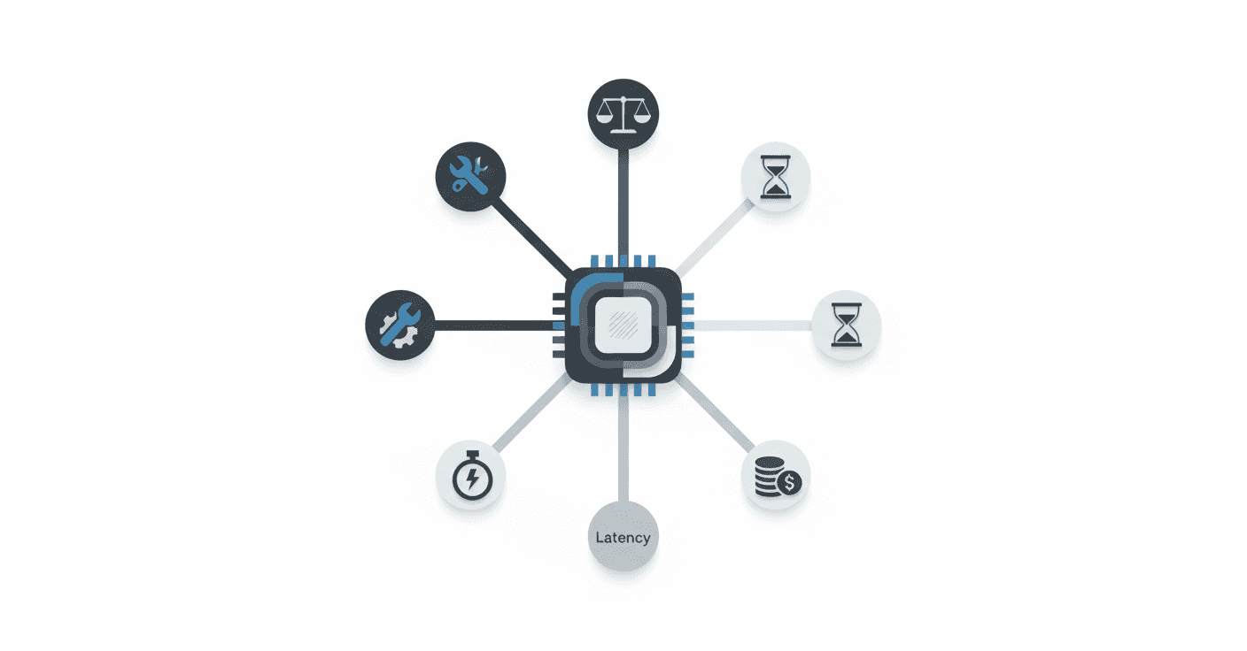 Radial diagram of five key criteria icons surrounding an AI memory chip symbol.