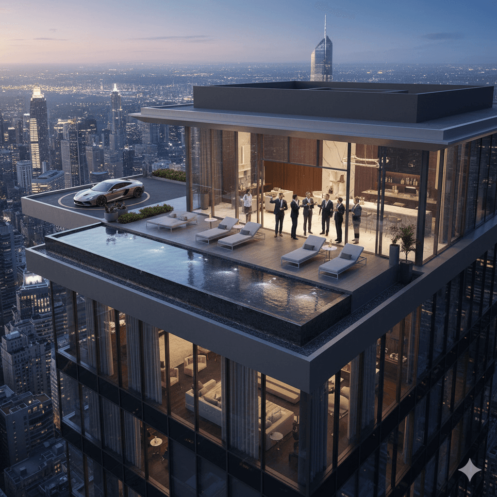 Elite penthouse terrace with infinity pool overlooking the Gurugram city skyline at night