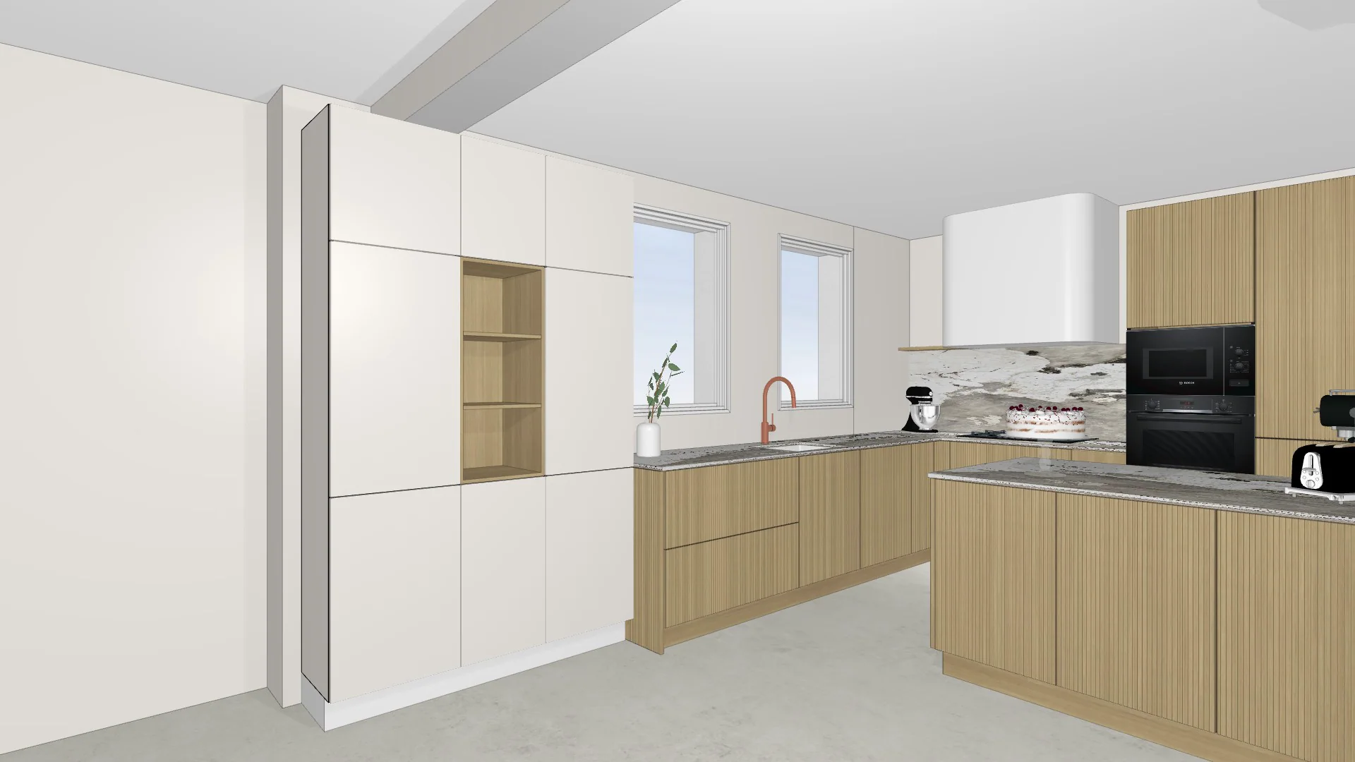 Perspective 3D Winner de la cuisine de Monticello conçue par Jodie, avec rangements, niche et presqu’île.