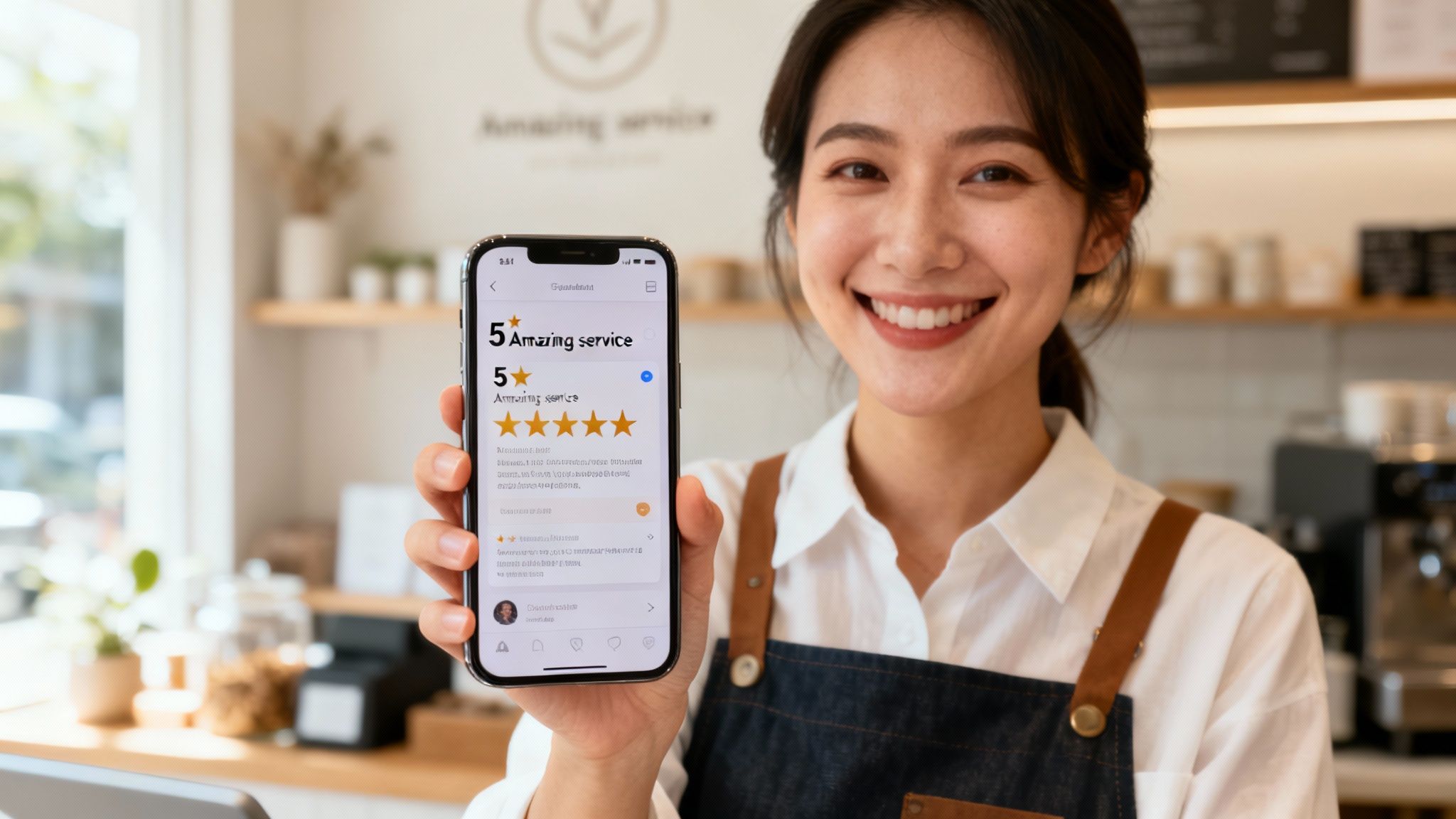 A smiling barista holds a smartphone displaying a 5-star review for amazing service in a café.