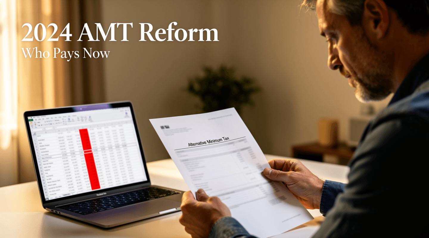 A Canadian tax return preparer's desk with a printed AMT calculation worksheet under section 127.5 beside a year-over-year comparison spreadsheet