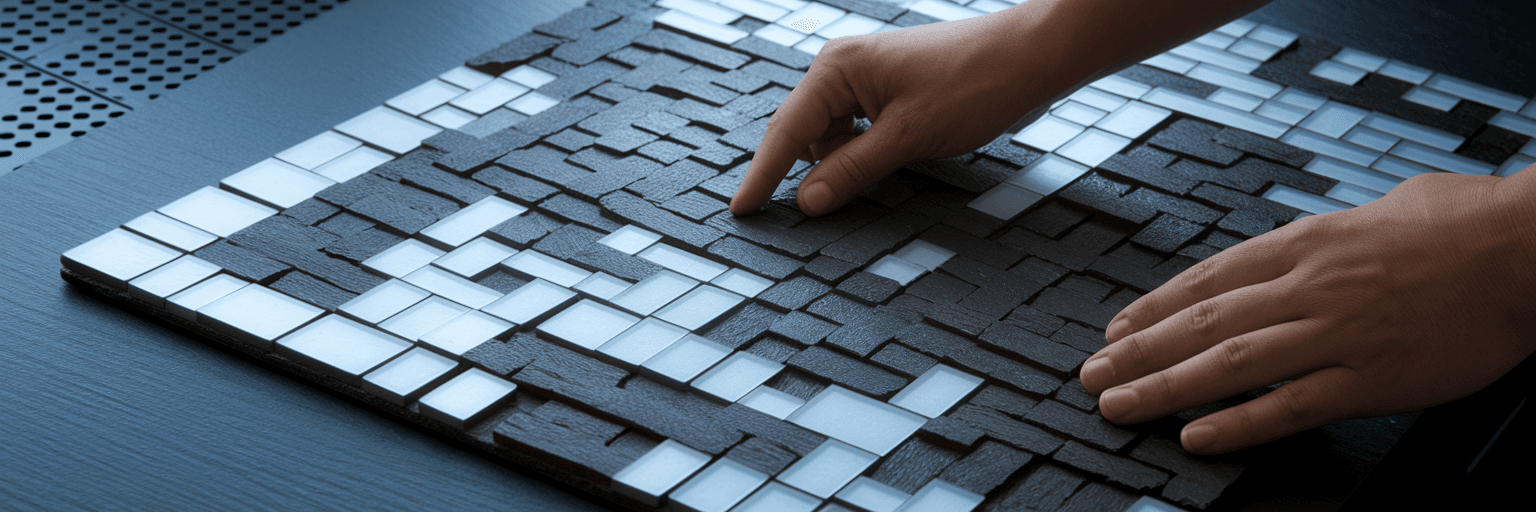 Hands arranging a mosaic of diverse materials