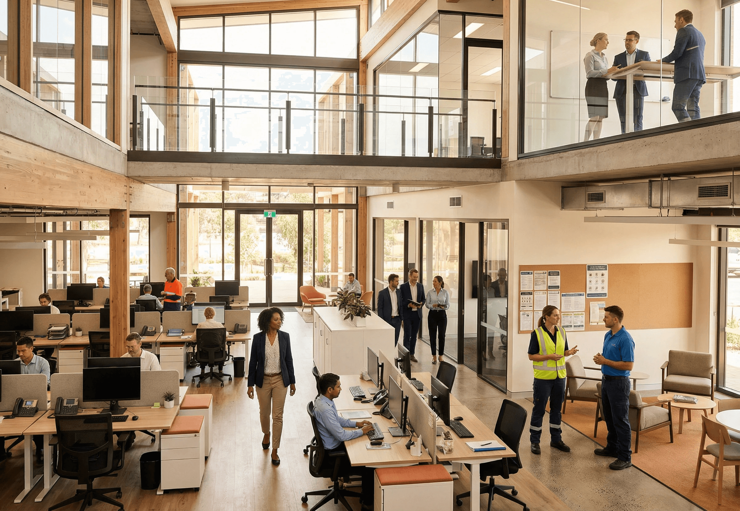 A wide, dynamic shot of a large Australian workplace in full operation at mid-morning — the building is a mixed-use facility where office floors, a training room, and a ground-level operational area are all visible through the architectural openness of the space. On the upper level, visible through glass balustrades, two people are reviewing something at a standing desk. On the main floor, a team leader is walking purposefully between workstation clusters. Near a breakout area, a WHS coordinator is in brief conversation with a worker, gesturing toward a nearby noticeboard.