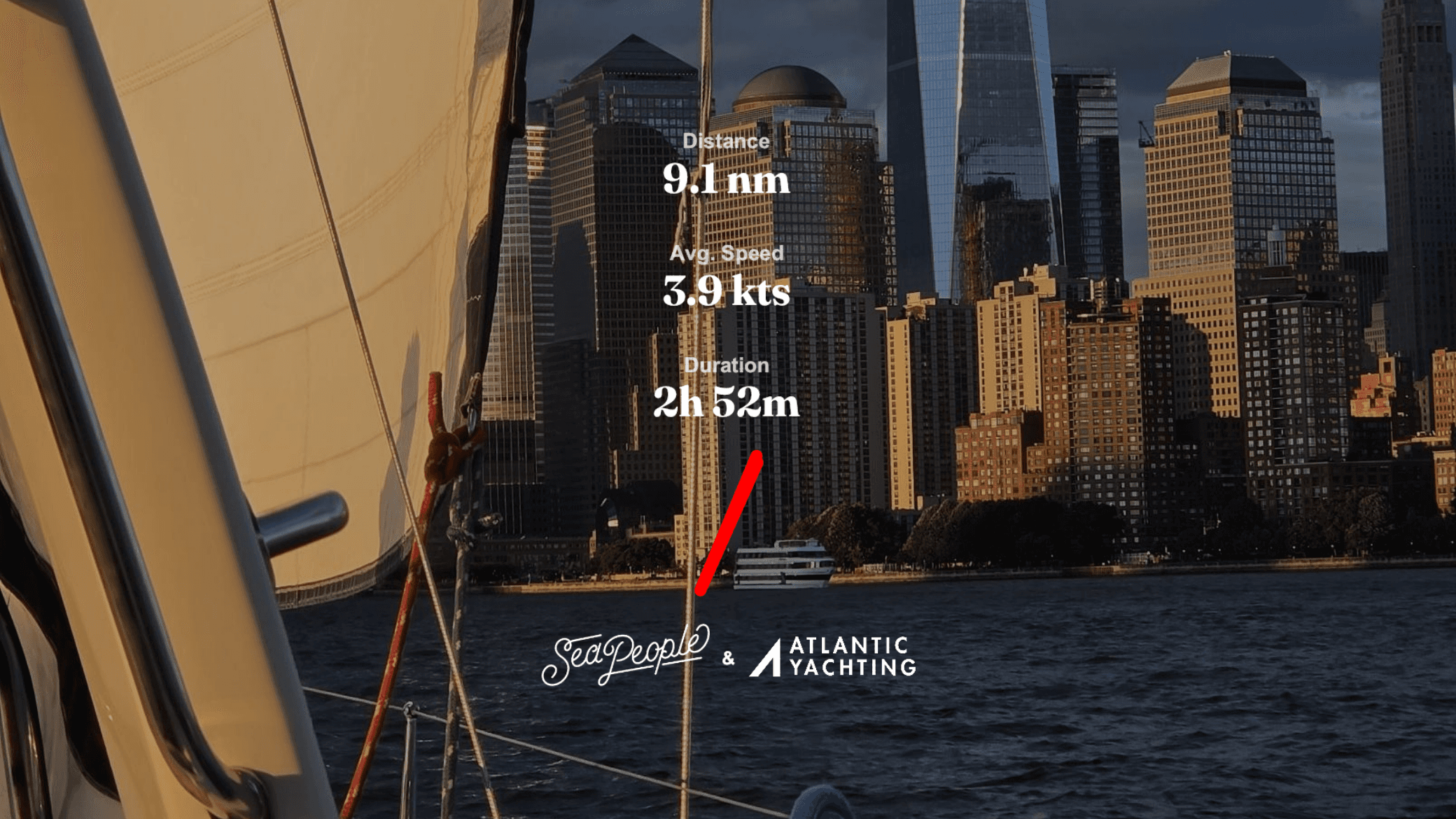 Sailing trip summary showing distance sailed, average speed, and duration, illustrating how SeaPeople helps students track and share their sailing experience.