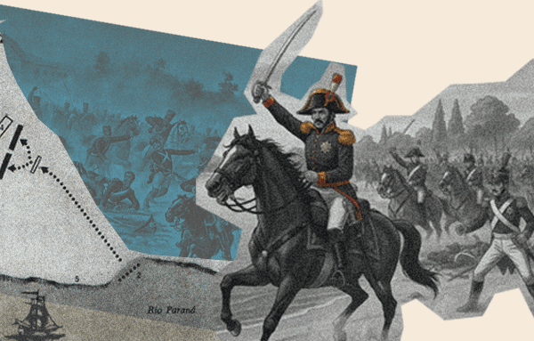 Representación de una batalla de la Independencia, con el general José de San Martín dirigiendo la artillería y las tropas patriotas montado en su caballo blanco.