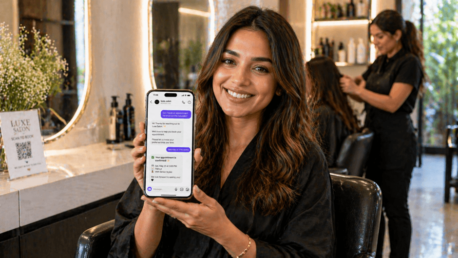 Salon customer smiling and showing Instagram booking confirmed message on phone screen inside a luxury salon
