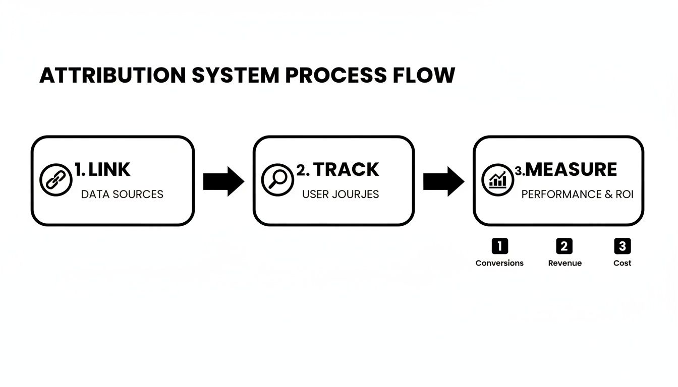 A three-step attribution system process flow diagram showing linking data, tracking user journeys, and measuring performance.