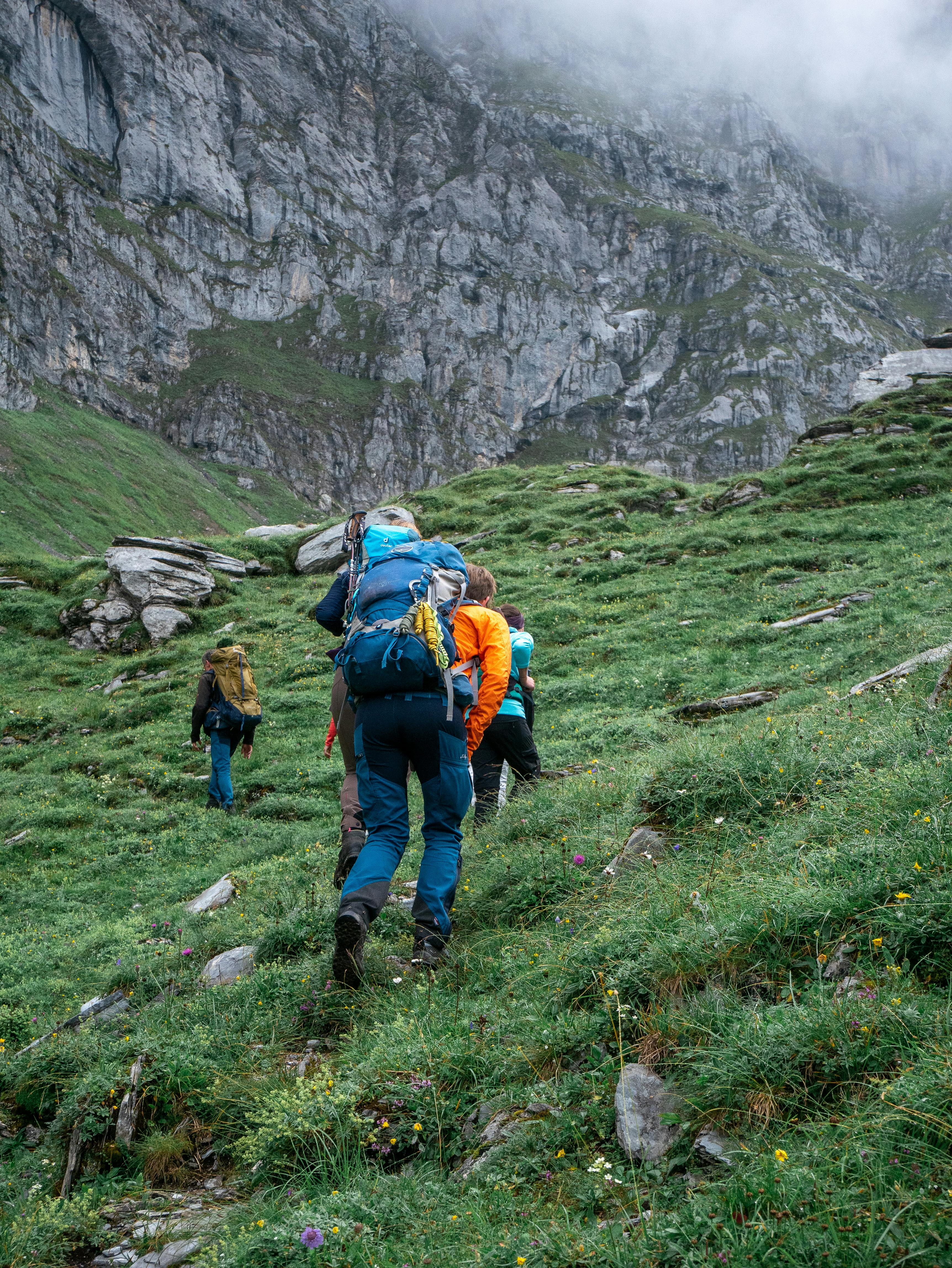 A group of common adventures setting out together on a grassy hillside with rocky hills in the distance with fog