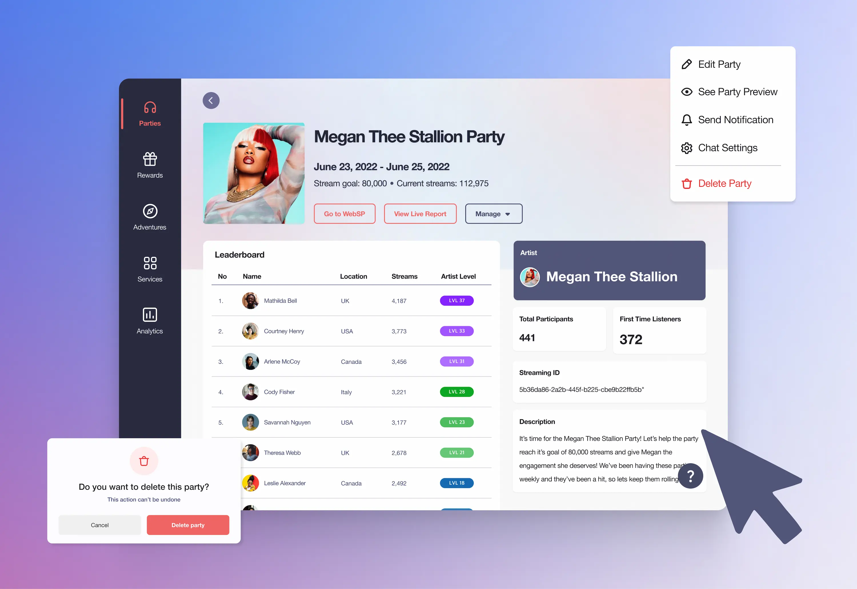 The dashboard on a gradient purple, pink and white background with a large purple arrow and different dashvbard elements floating around