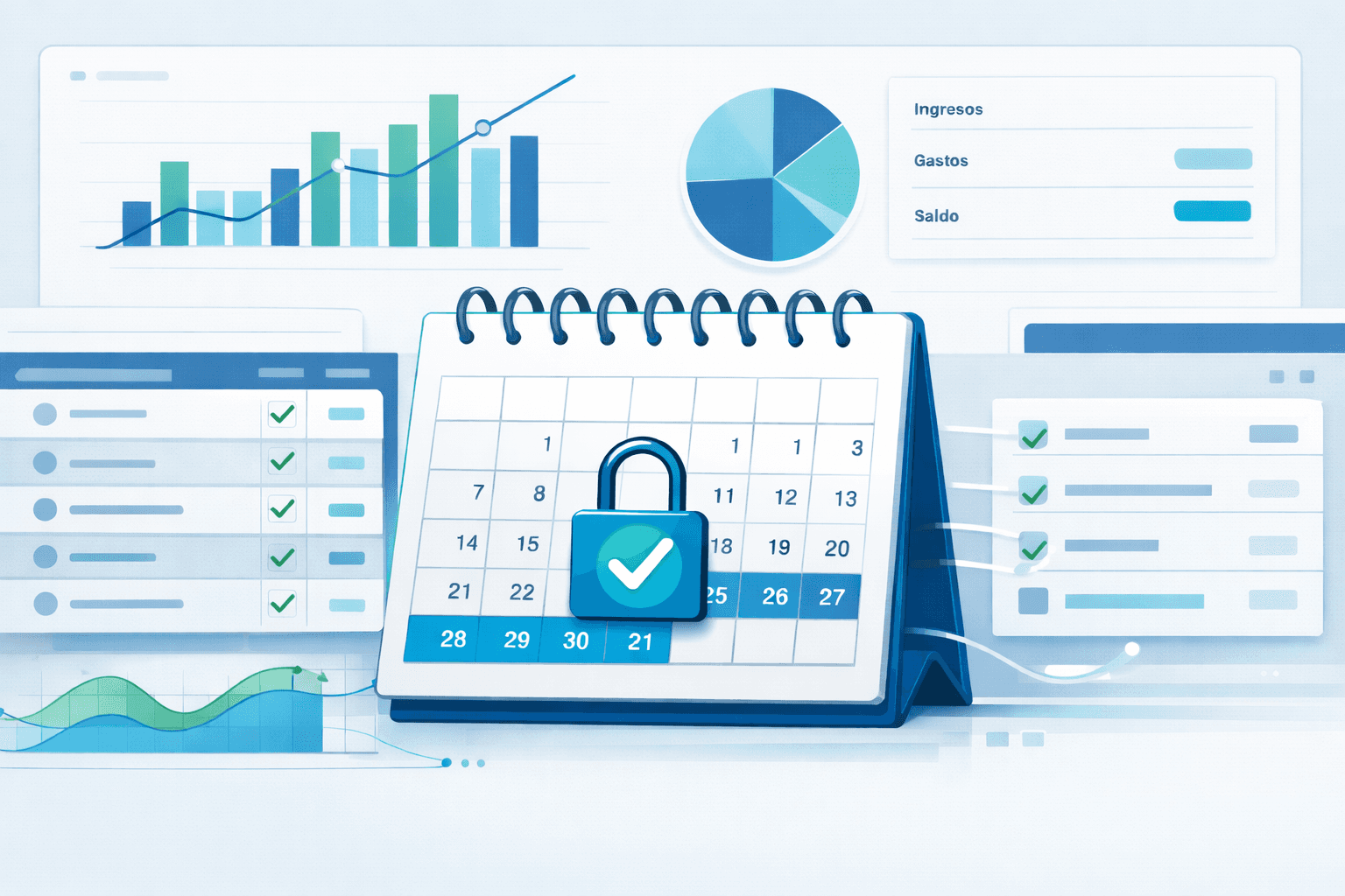 Ilustración de cierre contable mensual con calendario bloqueado, dashboard financiero y registros contables organizados que representan control financiero y trazabilidad en la empresa.