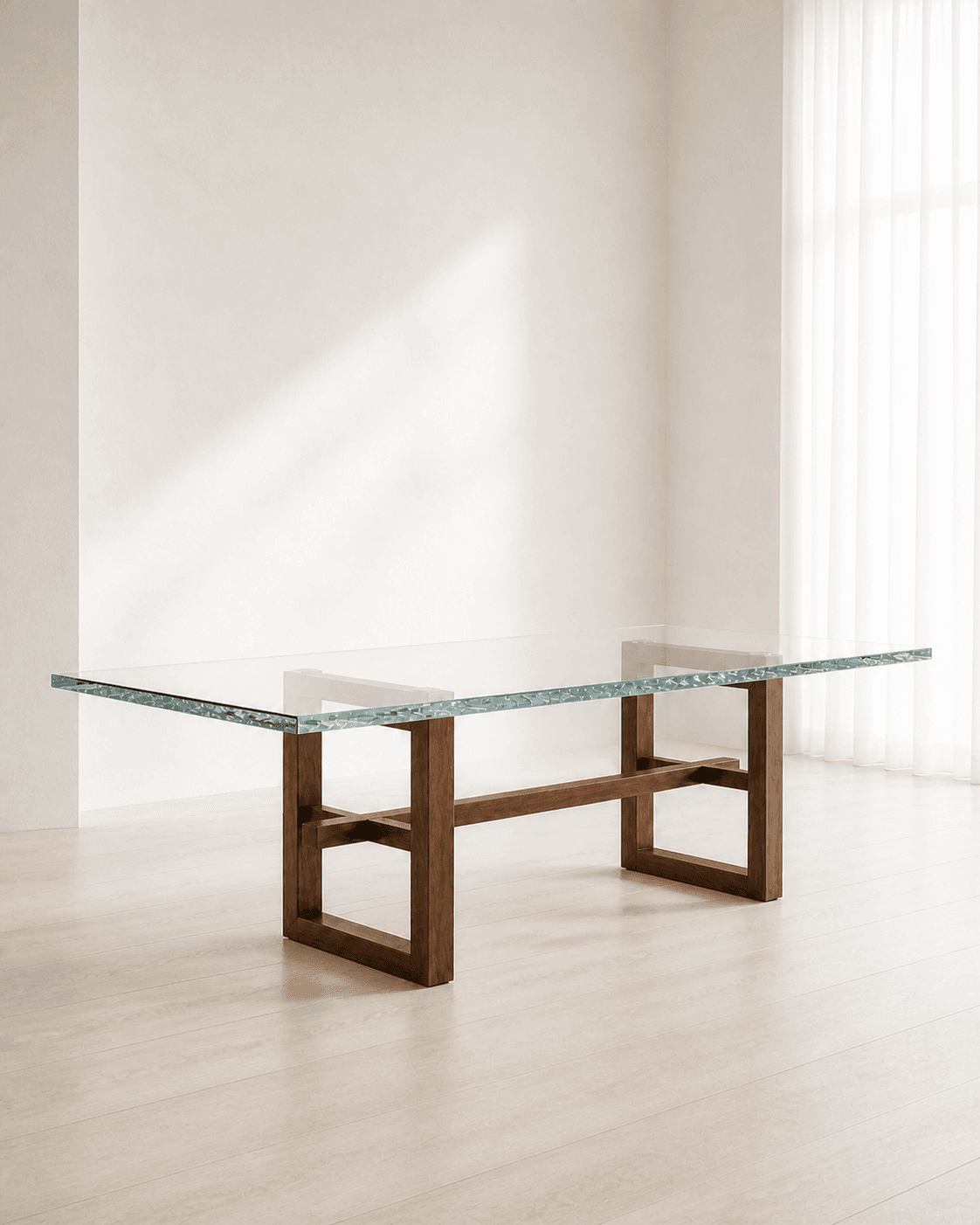 Lumen Dining Table placed in a luminous, minimal white interior