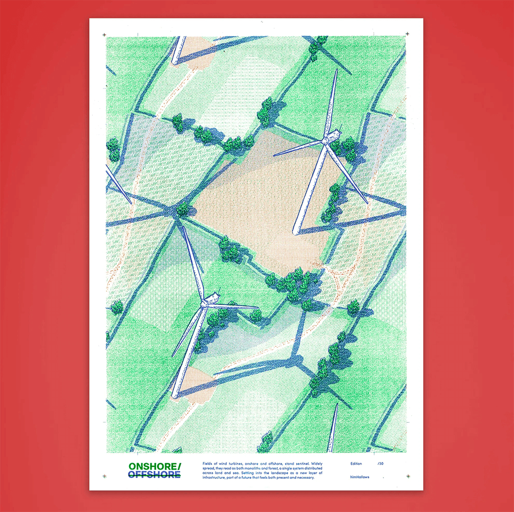 Illustration and print of onshore wind turbines.