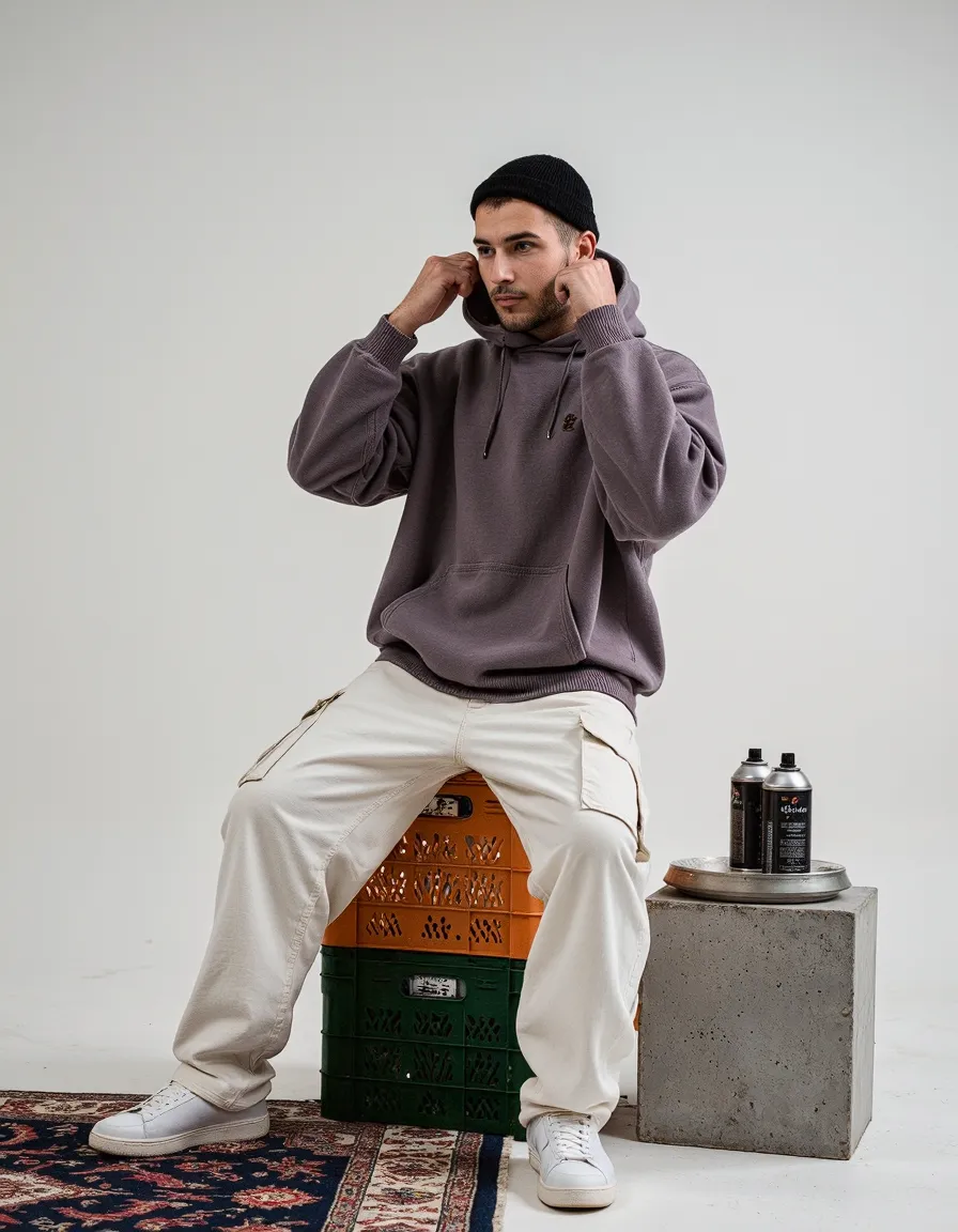 Young man in purple hoodie and beige pants sitting on crates against minimal background in modern fashion photography