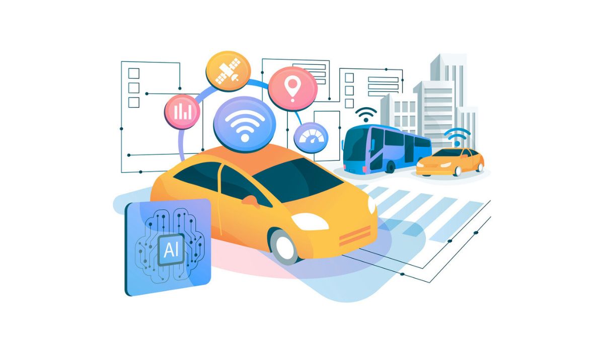 Illustration of a smart car with AI and connectivity icons like satellite, Wi‑Fi, and GPS, symbolizing machine‑to‑machine communication in intelligent transportation systems.