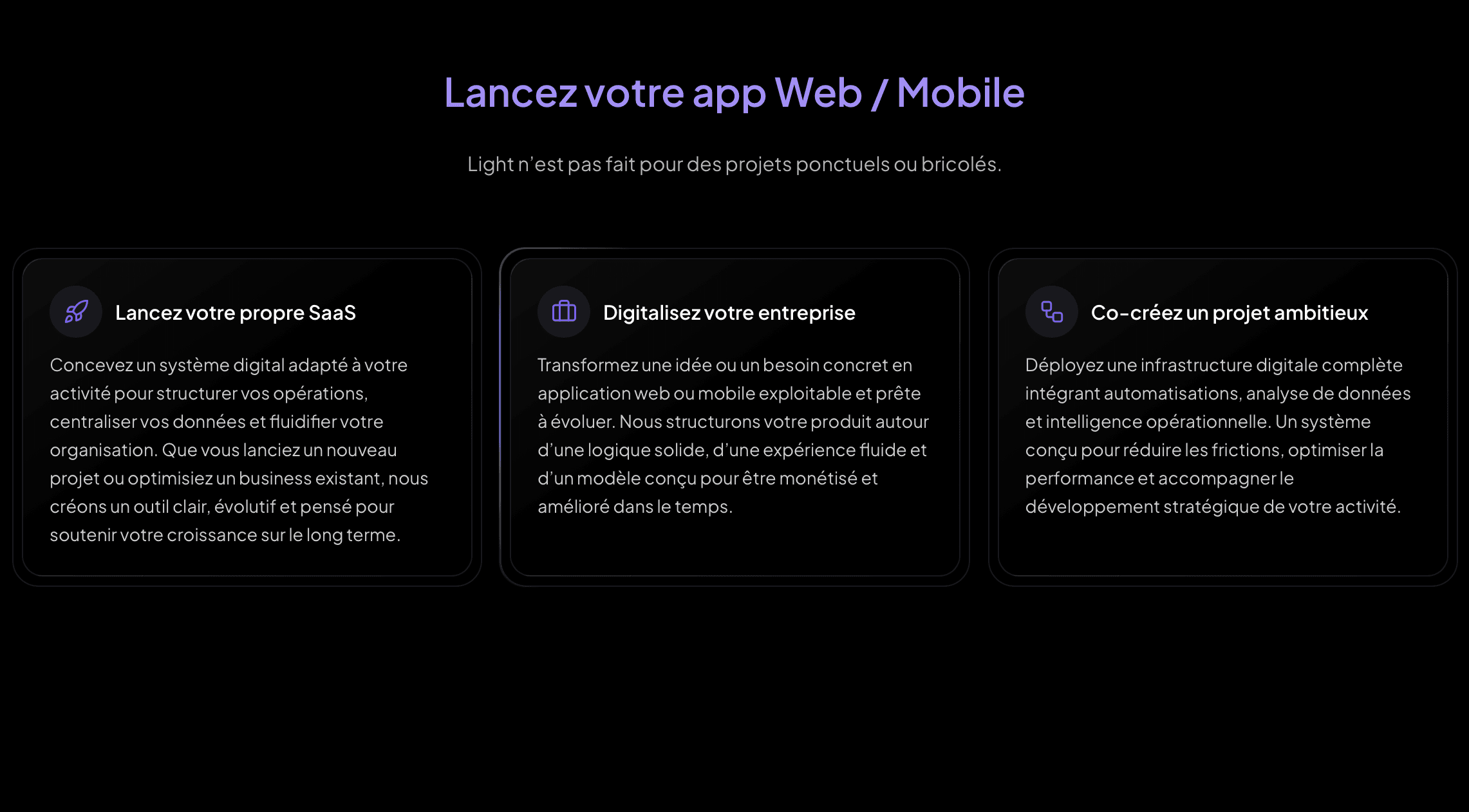 3 cartes — Lancez votre app Web / Mobile