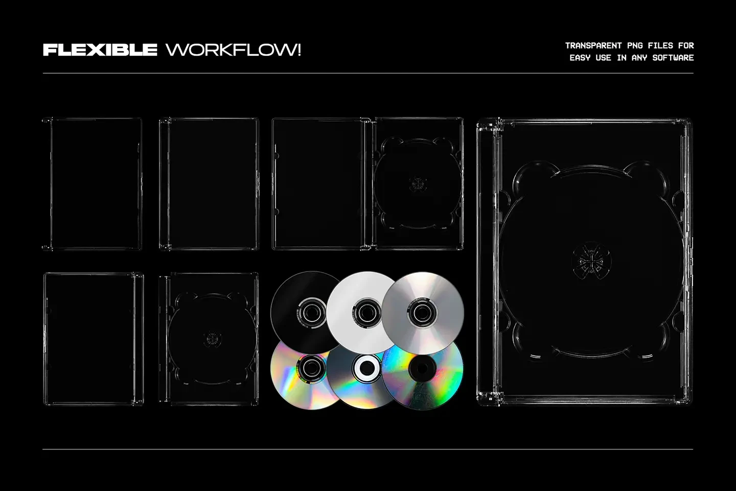 DVD jewel case mockup transparent case elements and multiple realistic disc options