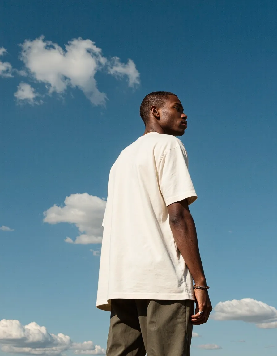 Man in cream oversized tshirt photographed from side angle against dramatic blue sky with white clouds