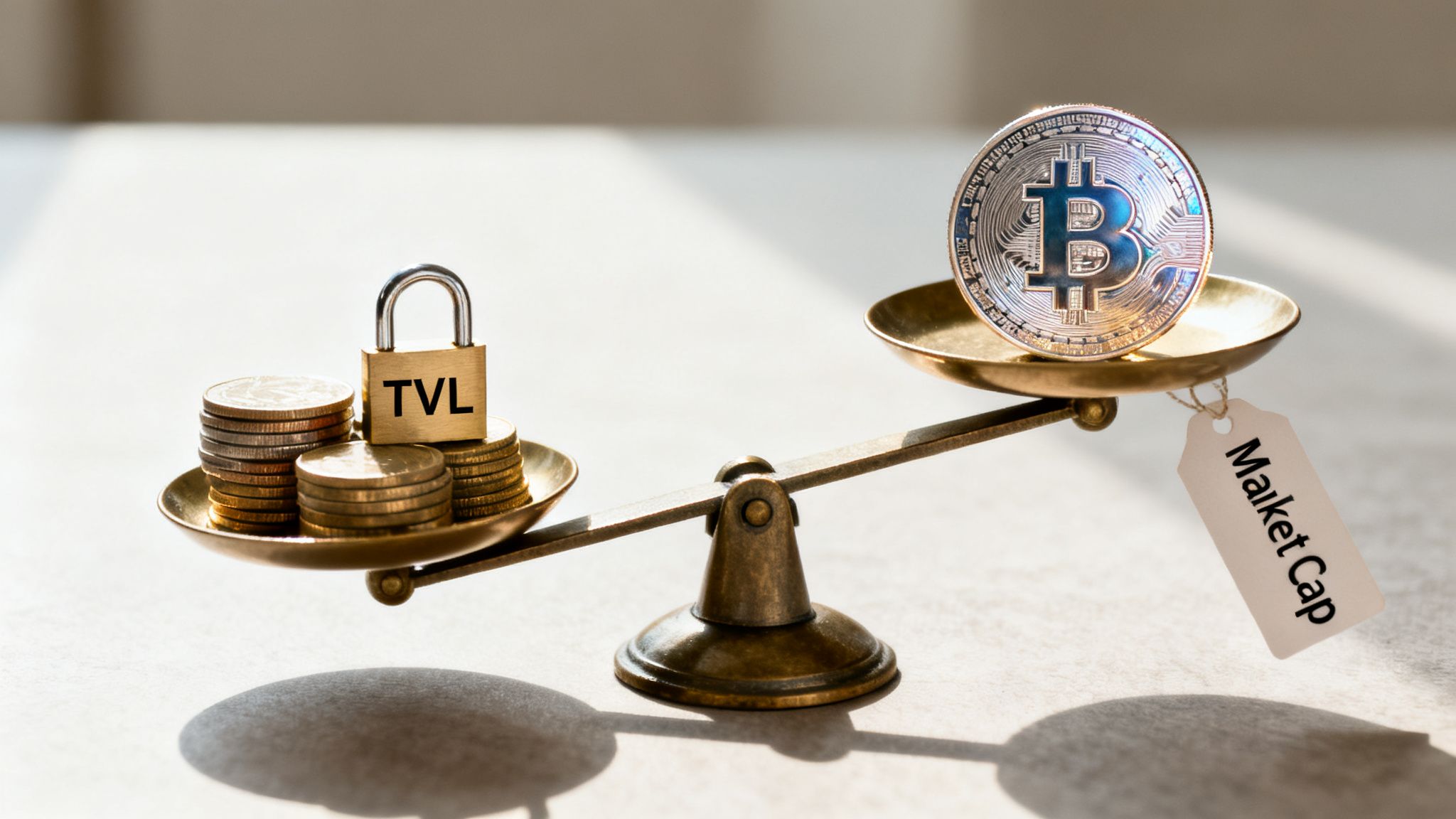 Crypto scales balancing Total Value Locked (TVL) on the heavier left with Bitcoin and Market Cap on the lighter right.