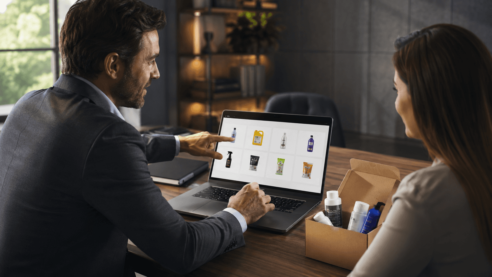 Representante comercial em uma reunião presencial apresentando um portal B2B em um notebook para uma potencial cliente. Na tela, há um catálogo digital com diversos produtos organizados em grade. O representante aponta para os itens enquanto explica as opções disponíveis. Sobre a mesa, há uma caixa com amostras de produtos, reforçando a demonstração comercial. O ambiente é um escritório moderno, com iluminação natural e atmosfera profissional, transmitindo um processo de prospecção, apresentação de catálogo e conversão do primeiro pedido.