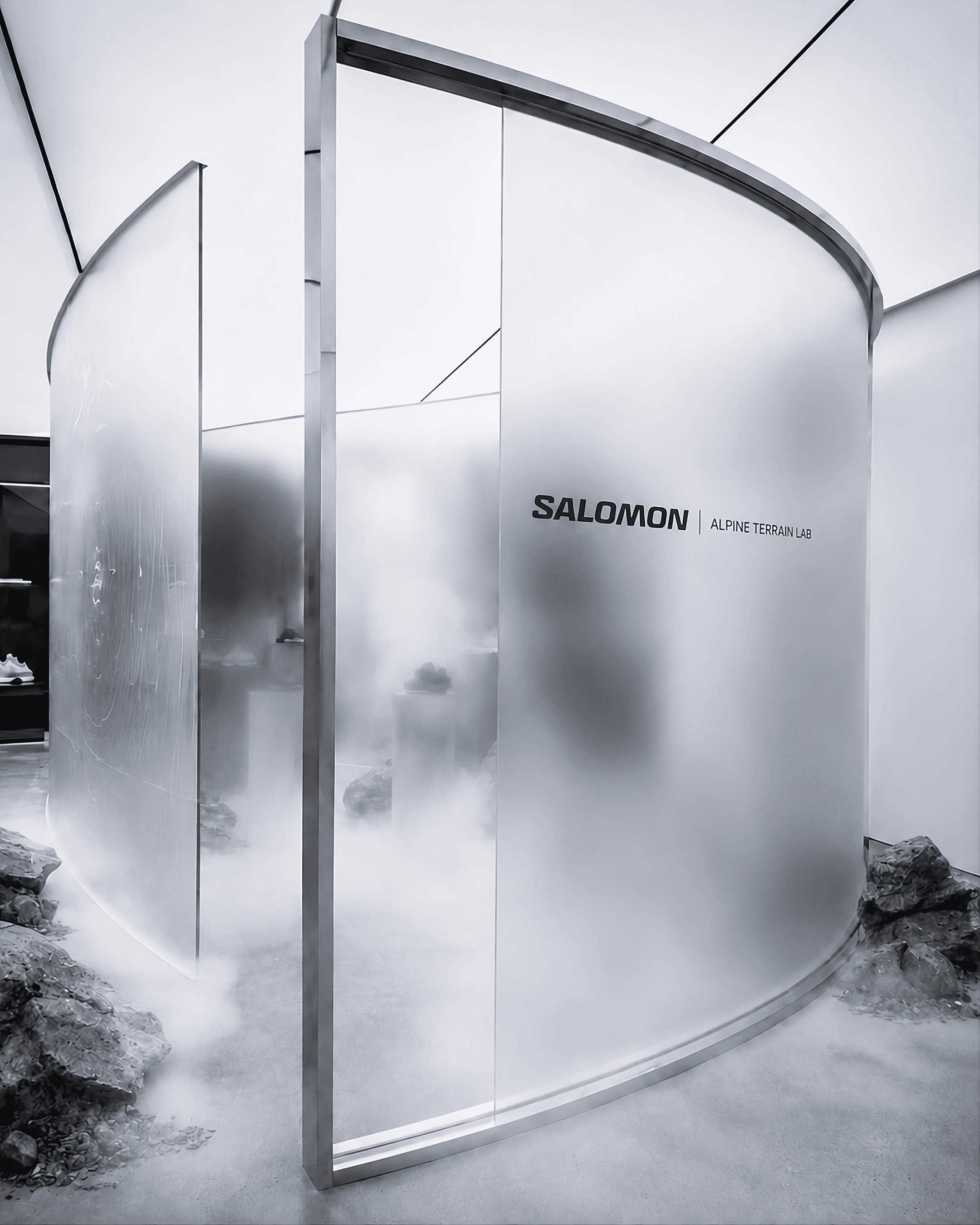 Salomon Alpine Terrain Lab interior with mist, rocks, and curved technical walls — Future Forward Studio