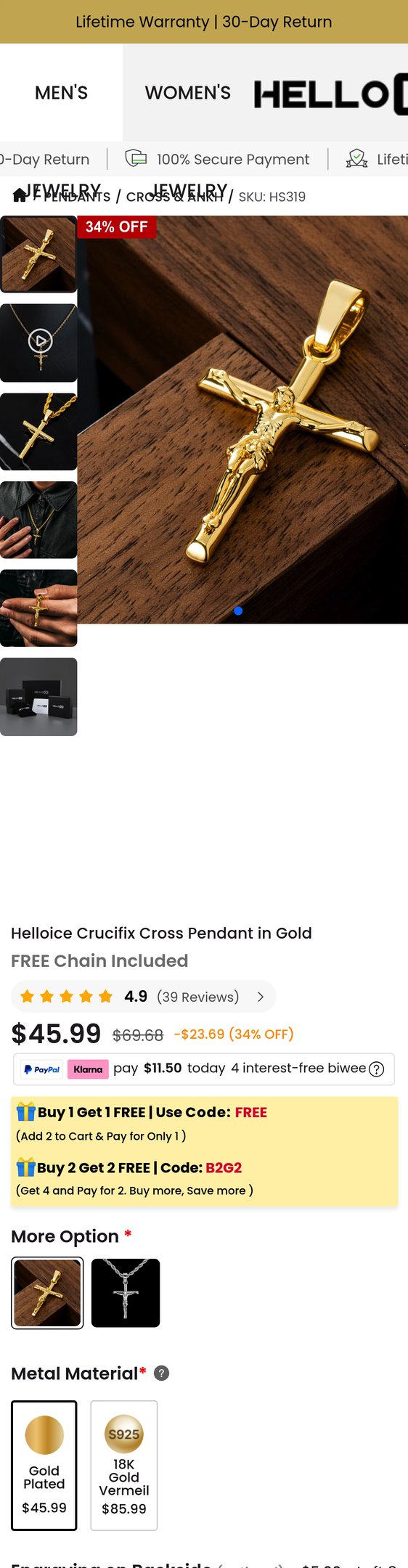 Jewelry product options include: pendant for Crucifix Cross Pendant in Gold from Hello Ice.