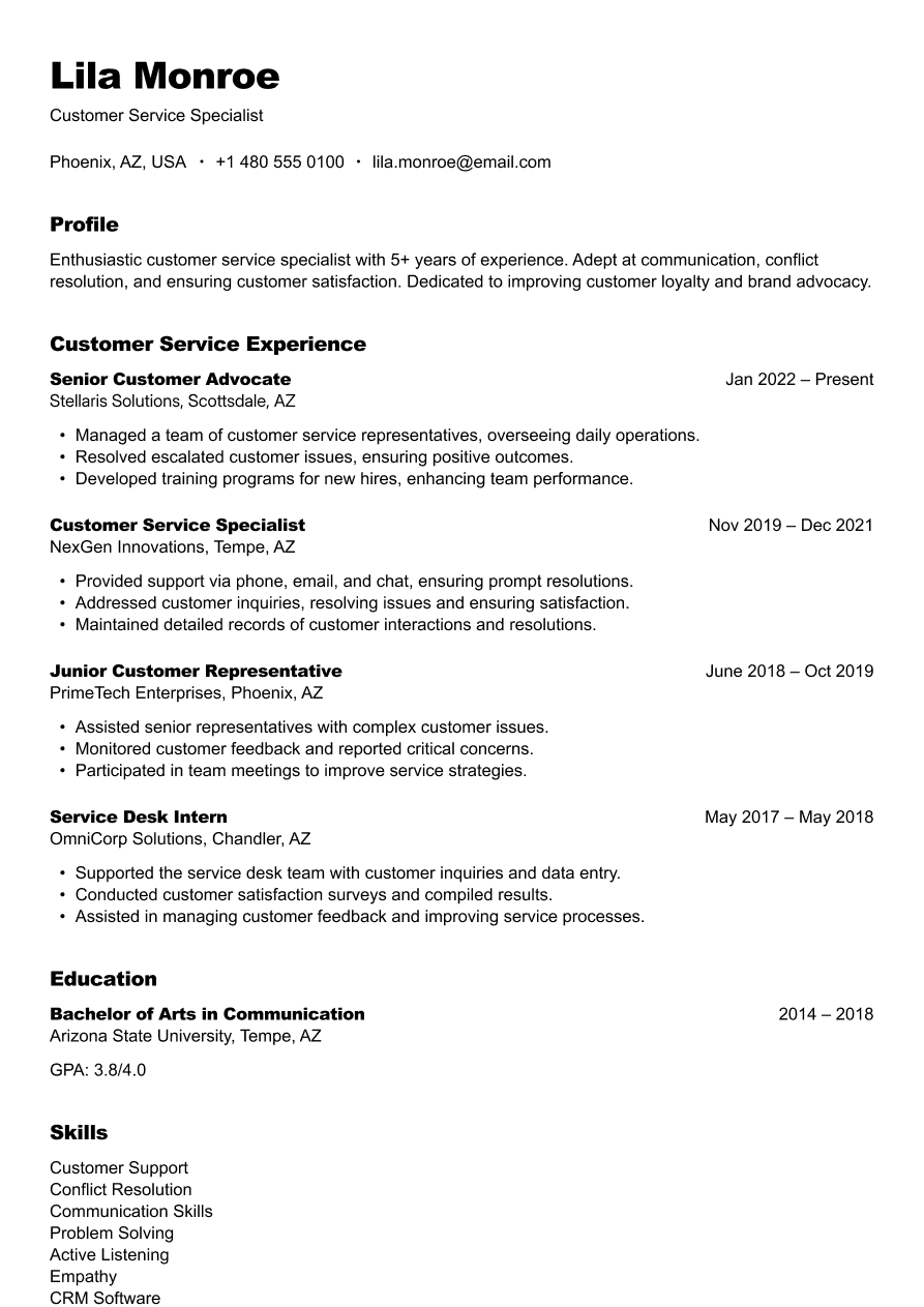 Customer service representative resume example