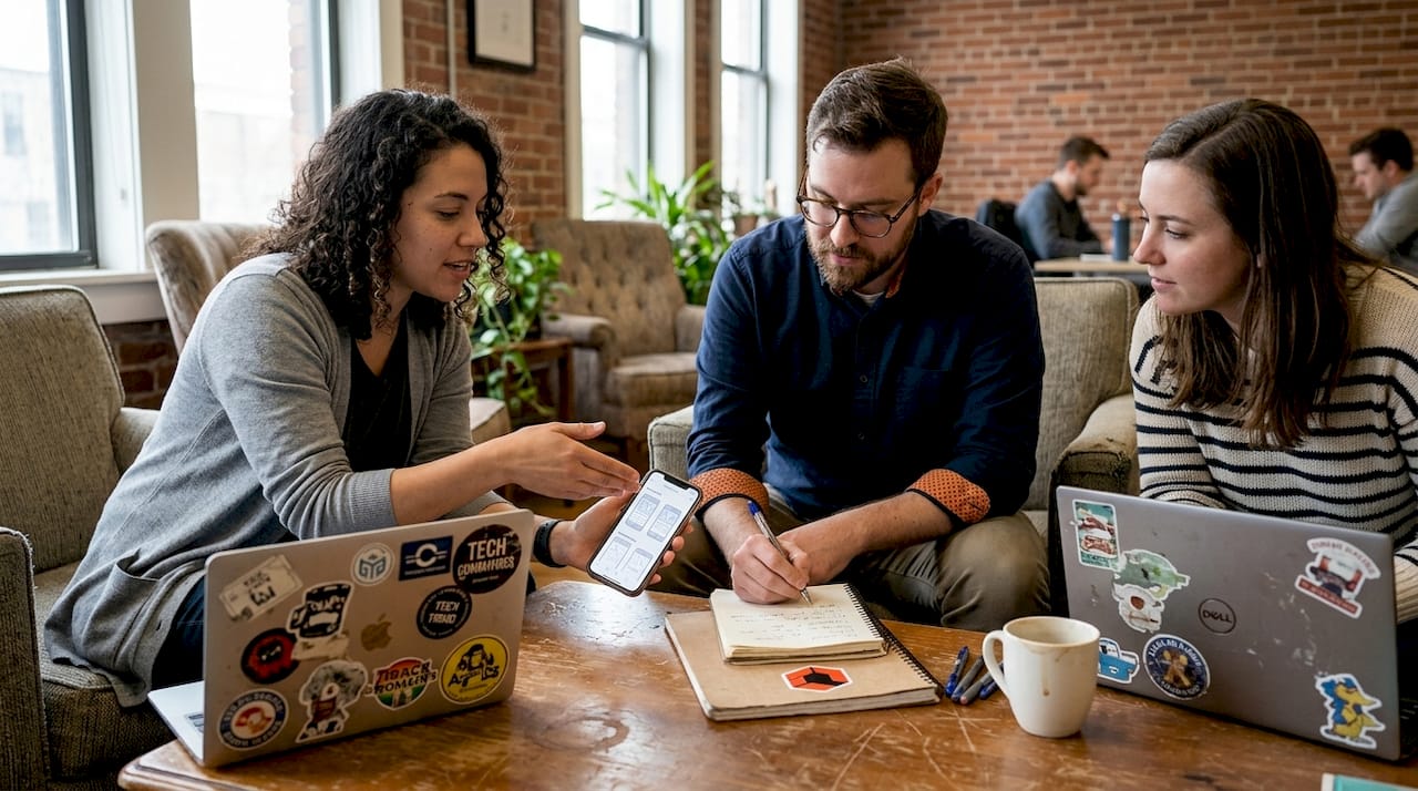Team discussing mobile app prototypes in meeting