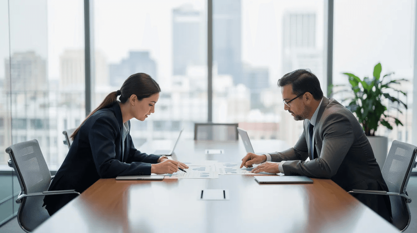 The image shows two professionals engaged in a discussion around a table in a meeting room, reviewing documents related to company tax debts and payment plans. They appear focused, possibly addressing issues such as income tax assessments and strategies to manage financial hardship for small businesses.