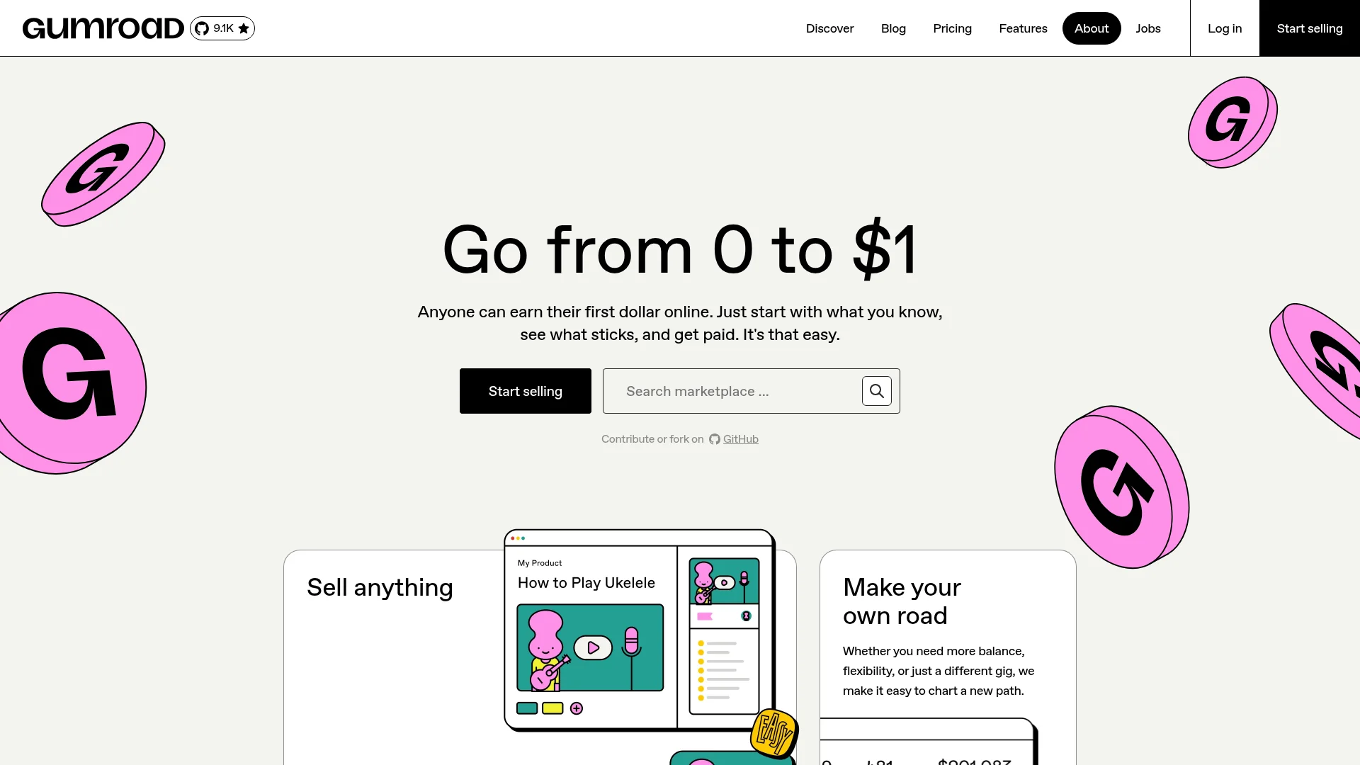 Gumroad homepage with the headline Go from 0 to dollar 1 showing digital product marketplace