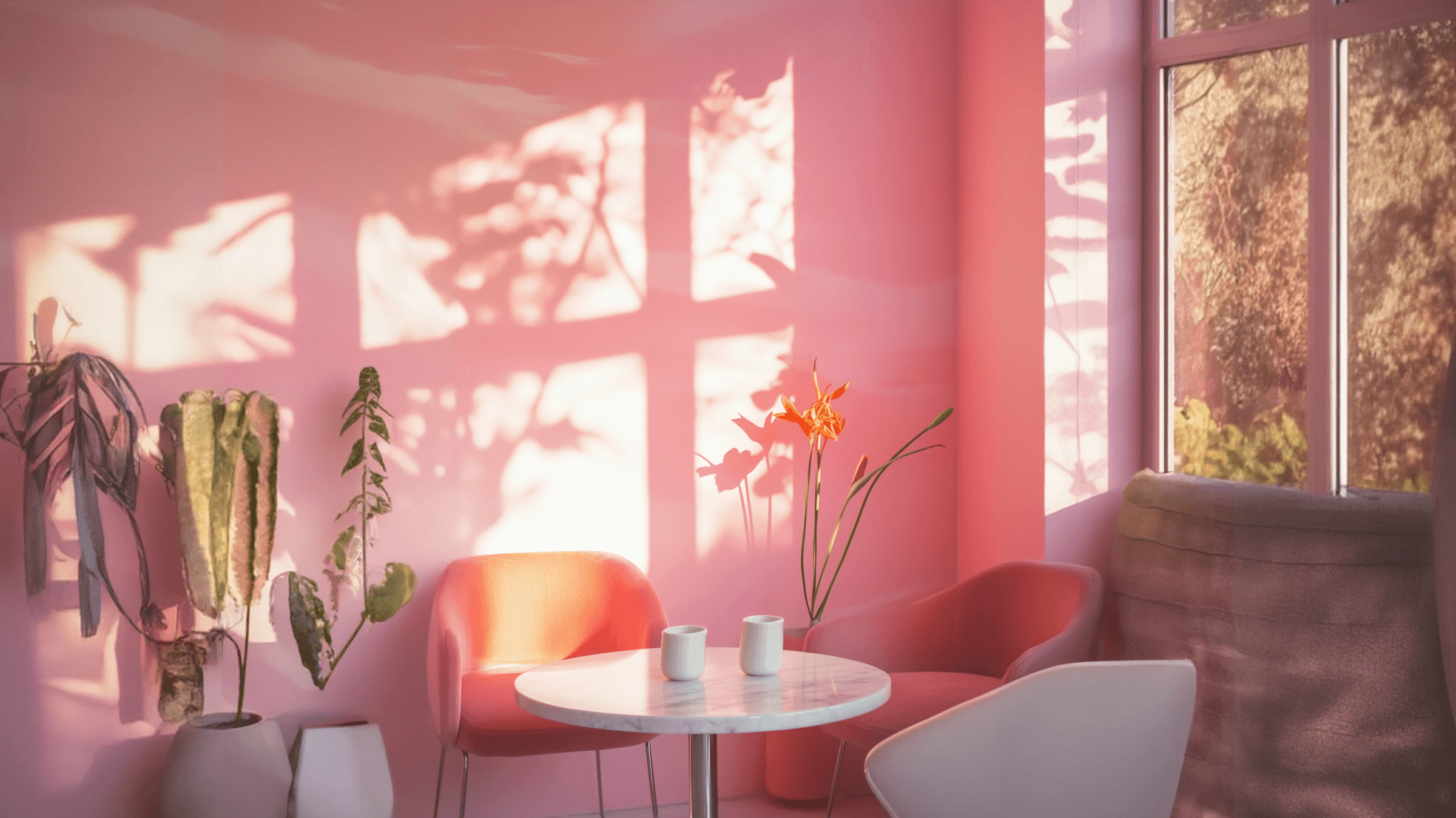 A cozy, sunlit interior featuring pink walls, a small table, a chair, and large windows with a warm glow.
