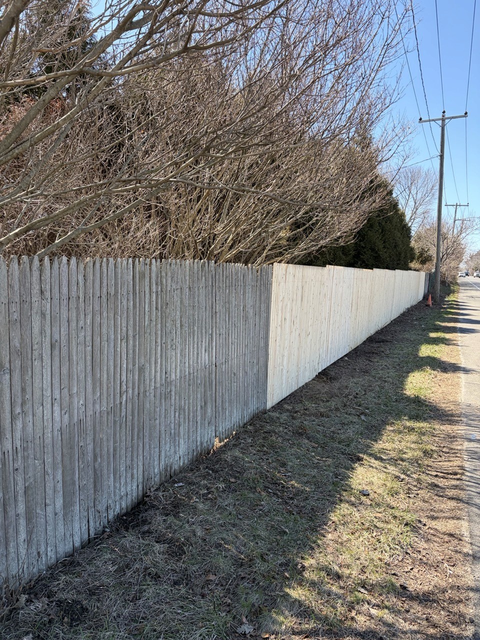 Freshly built wood stockade privacy fence beside paved road