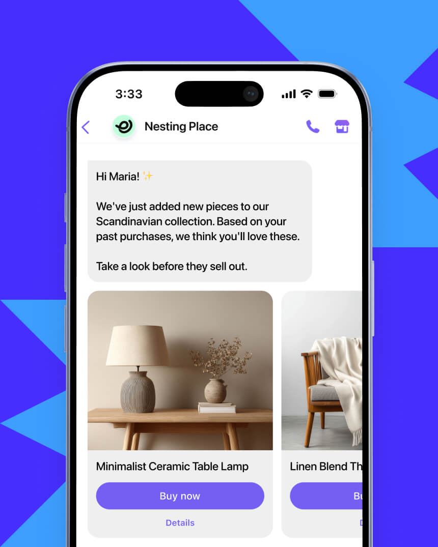 Viber messaging campaign showcasing a personalized message, targeting shoppers from a home and garden e-commerce store.