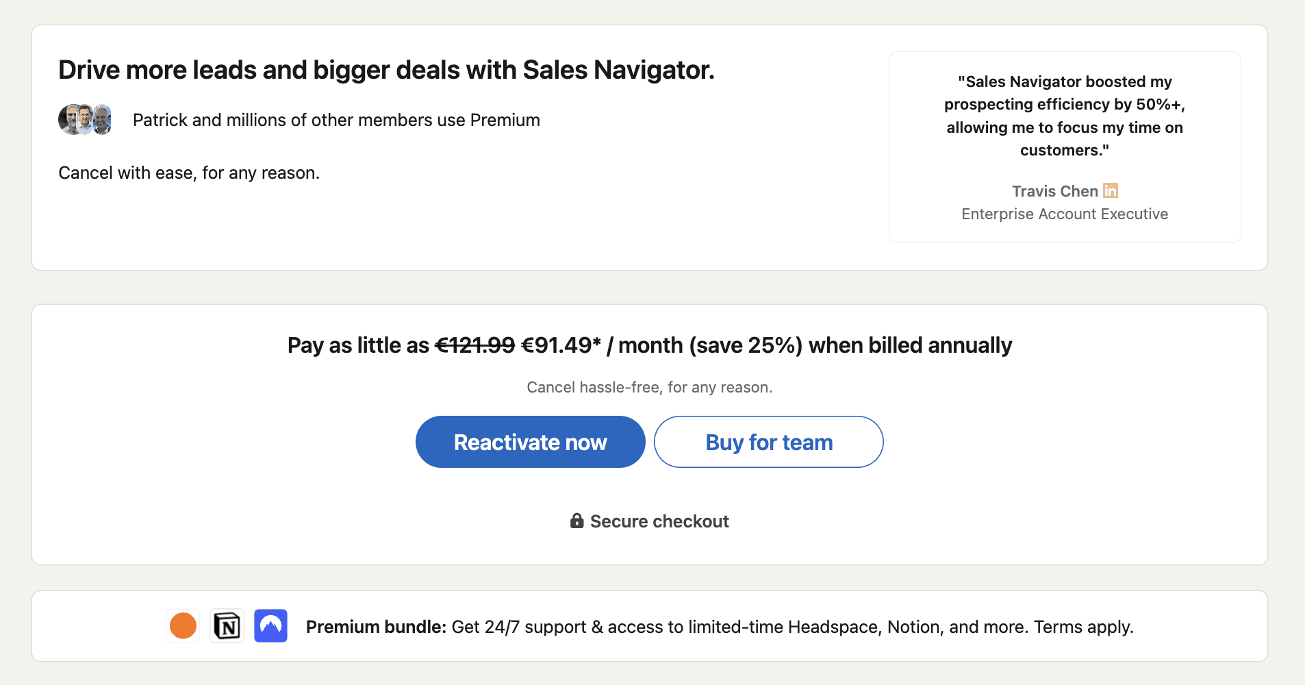 Sales Navigator pricing page 2026 showing Core and Advanced plans with monthly prices.