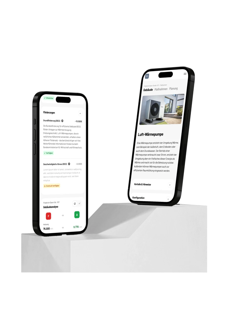 Smartphones zeigen viadukt Maßnahmen Simulation und Maßnahmenseite der Luft-Wärmepumpe mit Fördermöglichkeiten und Analyseergebnissen