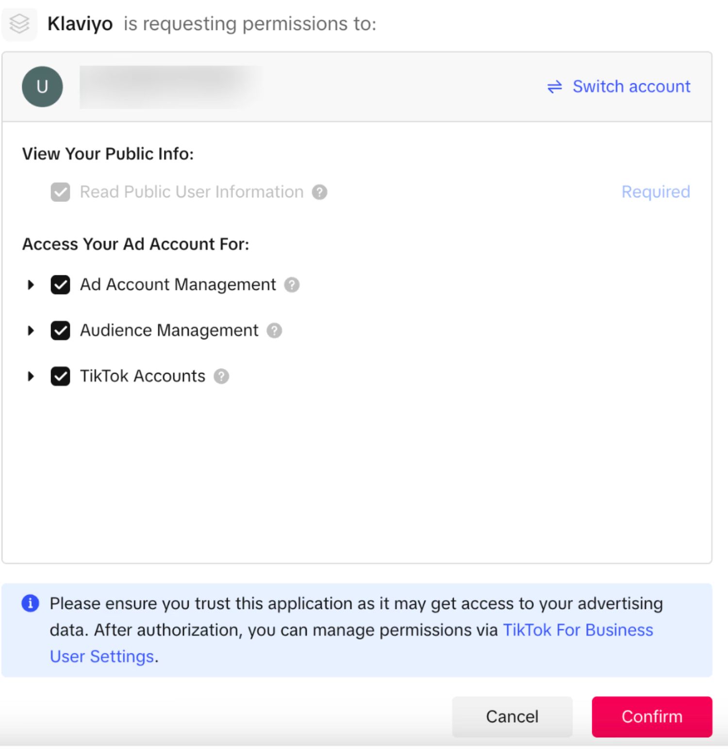 Review Permissions and Confirm: A TikTok permissions request screen for Klaviyo, asking for ad account and audience management access.