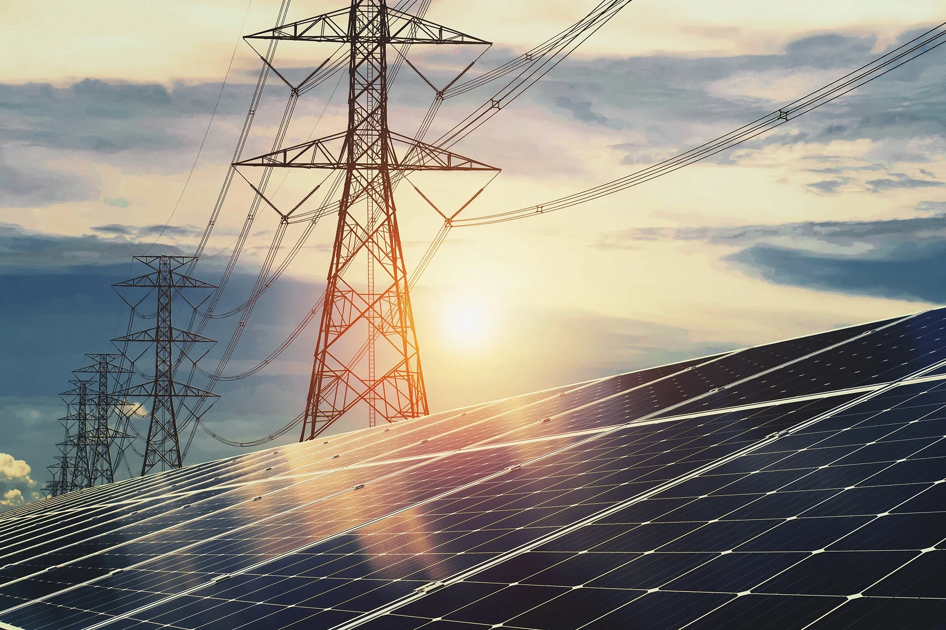 Solar panels in front of transmisison lines