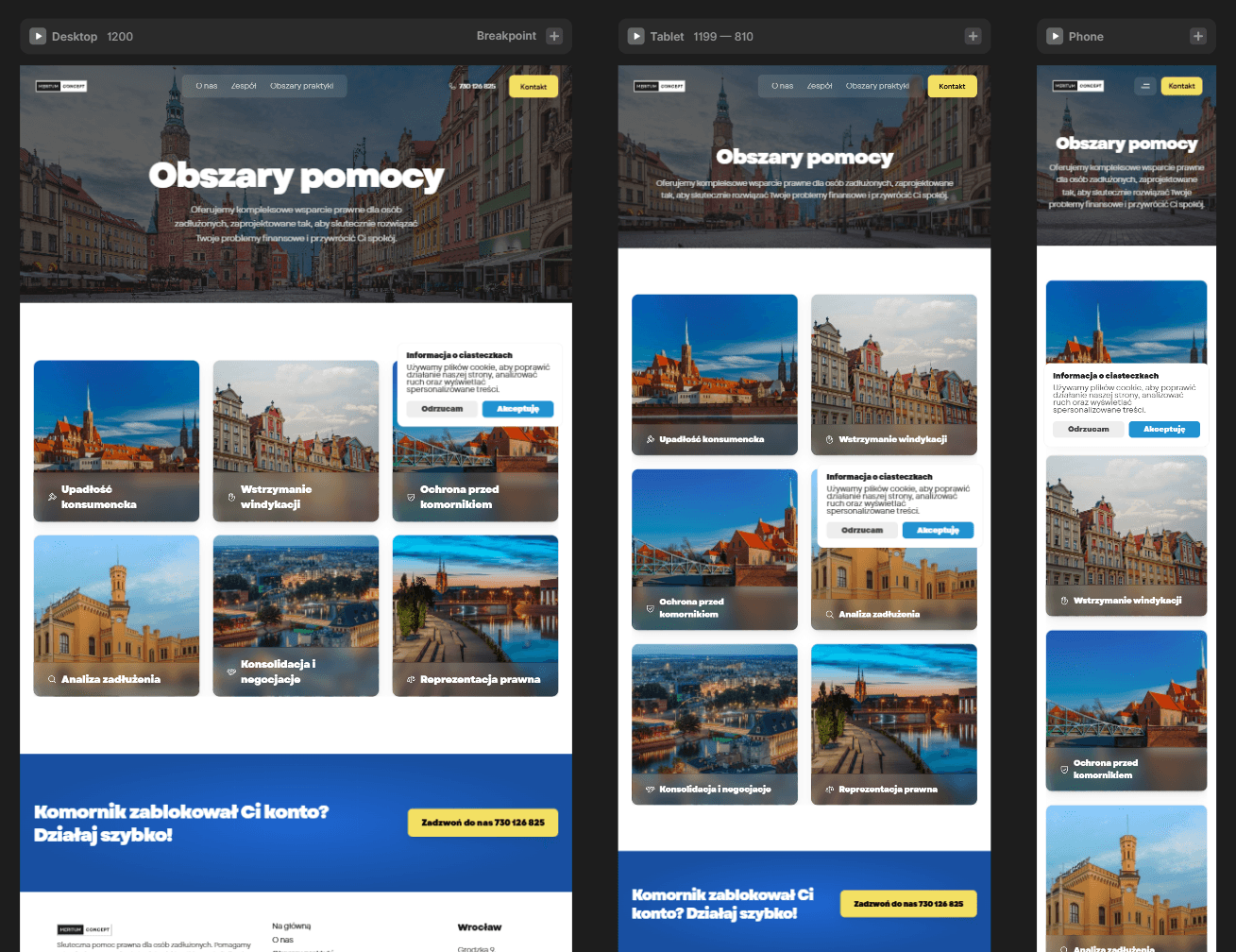 Prezentacja responsywności projektu strony internetowej na różnych urządzeniach. Widok witryny dostosowany do ekranów komputerów tabletów oraz telefonów komórkowych.